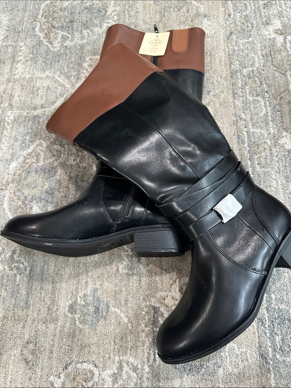 Two-Tone Black and Brown Mid-Calf Riding Boots